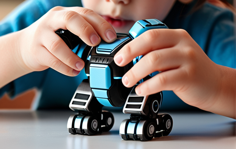 Close-up of a child's hands expertly transforming an intricate, futuristic robot toy. Focus on the satisfying 'click' of the pieces, with a subtle glow emphasizing the mechanical precision and spatial puzzle. The background is a soft, domestic blur, suggesting a playful yet challenging moment at home.