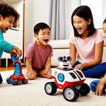 **Image Prompt 1:** A group of diverse children enthusiastically playing with Tobot toys, perhaps in a brightly lit playroom. Focus on the joy and excitement on their faces, showcasing a variety of Tobot robot figures and vehicles. The scene should emphasize the connection between parents and children sharing special moments through Tobot.