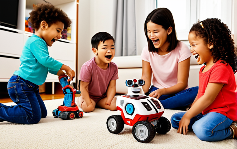 **Image Prompt 1:** A group of diverse children enthusiastically playing with Tobot toys, perhaps in a brightly lit playroom. Focus on the joy and excitement on their faces, showcasing a variety of Tobot robot figures and vehicles. The scene should emphasize the connection between parents and children sharing special moments through Tobot.