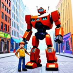 **

"Ryan and Kory Char standing proudly with Tobot X and Tobot Y in a vibrant city square, showcasing the classic Tobot design. A friendly, colorful scene with a sense of teamwork and adventure.  In the style of a children's animation cel."

**