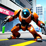 A vibrant, action-packed video game scene featuring a customized Tobot battling a futuristic enemy in a detailed urban setting. Include elements of augmented reality, with hints of the real world bleeding into the game environment.