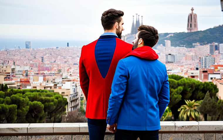 The Oh Brothers (Ryan and Kory)**

A professional and family-friendly image showcasing Ryan and Kory Oh standing back-to-back in front of a modern cityscape of Barcelona. Ryan is wearing a blue professional blazer and Kory is in a red sporty jacket, both fully clothed and with perfect anatomy. The background features the Sagrada Familia in soft focus. Appropriate attire, safe for work, natural proportions, professional photograph, high quality.

**