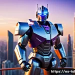Home 22 또봇 캐릭터별 대표 대사 - A dynamic scene featuring Tobot Alpha, a serious and responsible robot leader, standing tall on a fu...
