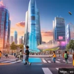 Home 20 또봇 크리에이터 인터뷰 - A vibrant futuristic cityscape at sunset featuring diverse children around 8-10 years old, all weari...