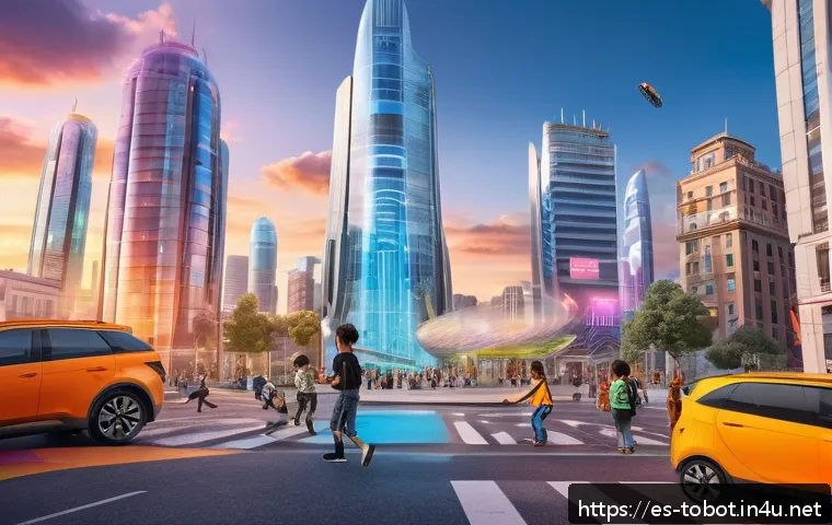또봇 크리에이터 인터뷰 - A vibrant futuristic cityscape at sunset featuring diverse children around 8-10 years old, all weari...