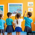 Home 19 또봇 애니메이션으로 배우는 과학 - A vibrant classroom scene in a modern Spanish elementary school where diverse children aged around 8...
