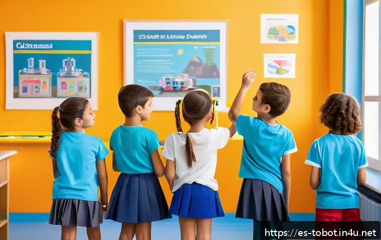 또봇 애니메이션으로 배우는 과학 - A vibrant classroom scene in a modern Spanish elementary school where diverse children aged around 8...