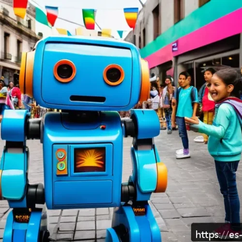 Home 30 또봇의 글로벌 팬덤 분석 - A vibrant street scene in Mexico City featuring children and teenagers happily playing with Tobot tr...