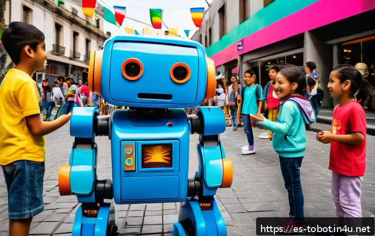 또봇의 글로벌 팬덤 분석 - A vibrant street scene in Mexico City featuring children and teenagers happily playing with Tobot tr...
