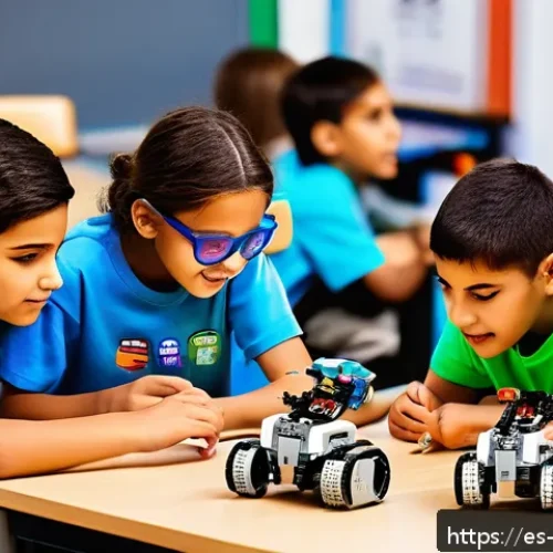 Home 17 또봇과 로봇공학 연계 콘텐츠 - A diverse group of Spanish-speaking children aged 8 to 12, wearing casual clothes and safety glasses...