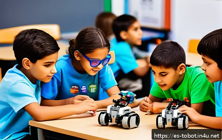 또봇과 로봇공학 연계 콘텐츠 - A diverse group of Spanish-speaking children aged 8 to 12, wearing casual clothes and safety glasses...