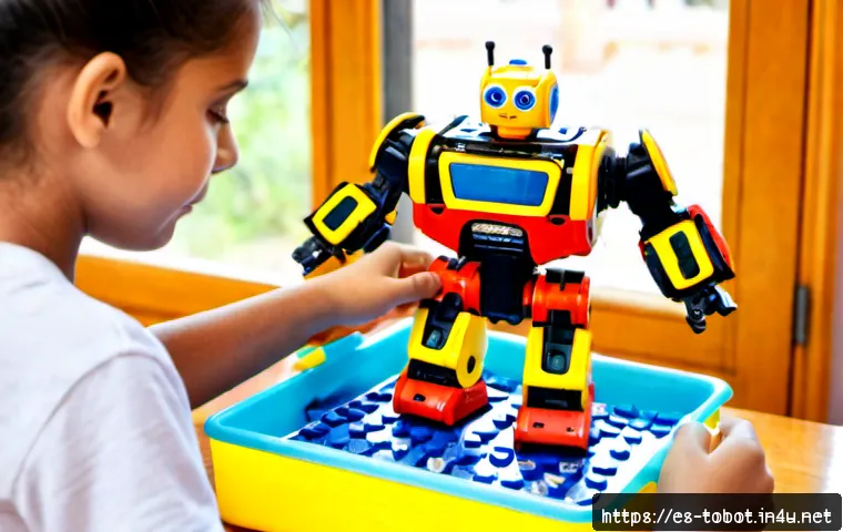 Home 17 또봇 장난감 조립 시 유의점 - Photorealistic close-up of a careful parent and school-age child assembling a colorful transforming ...