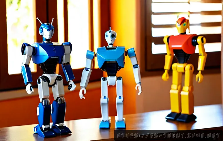 또봇 시리즈의 변화 과정 - Photorealistic comparison scene of three generic transforming robot toys representing an evolution f...